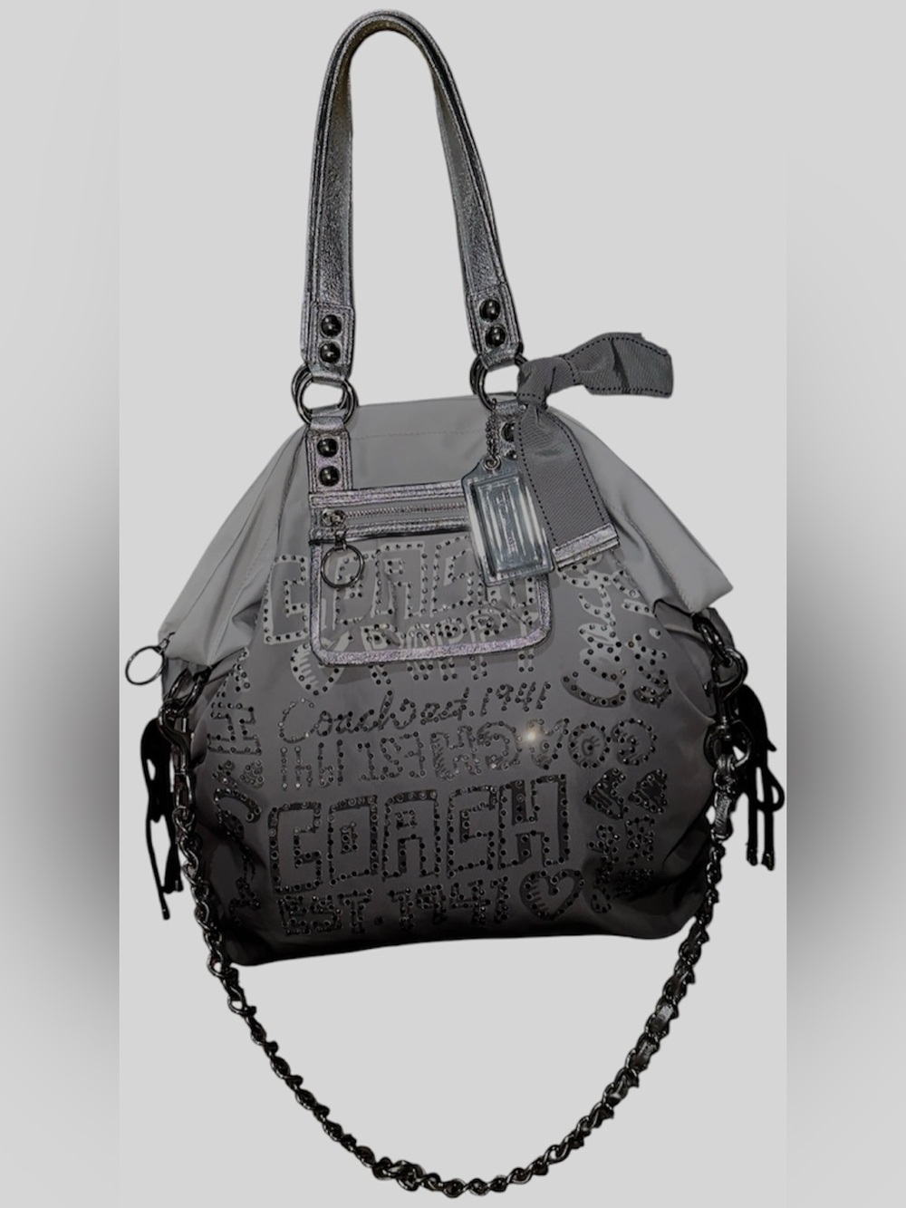 Coach xl tote bag poppy rhinestones ombré gray silver storypatch spotlight y2k